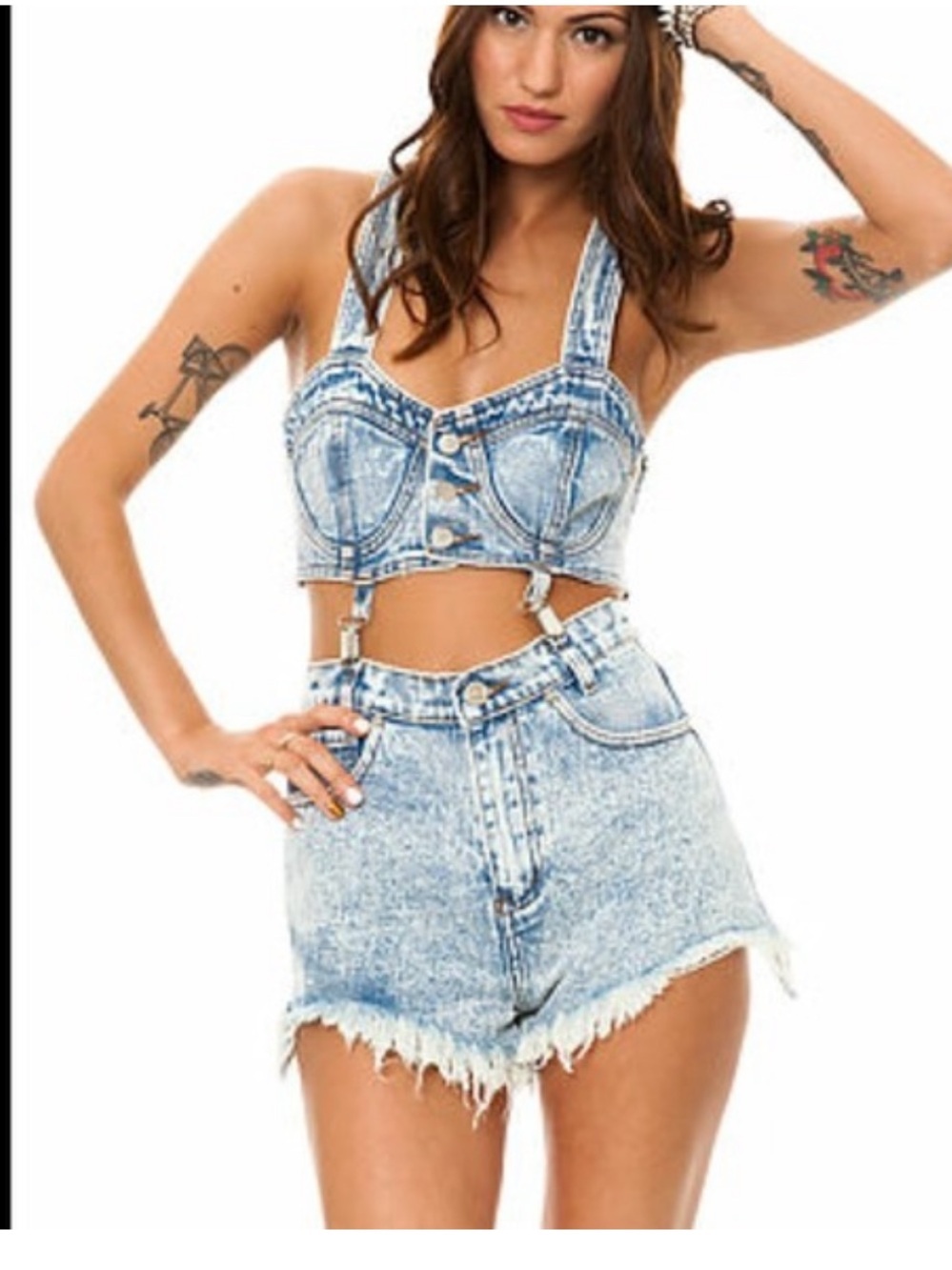 UNIF Light Blue Acid Wash Denim Bustier & High-Waist Shorts